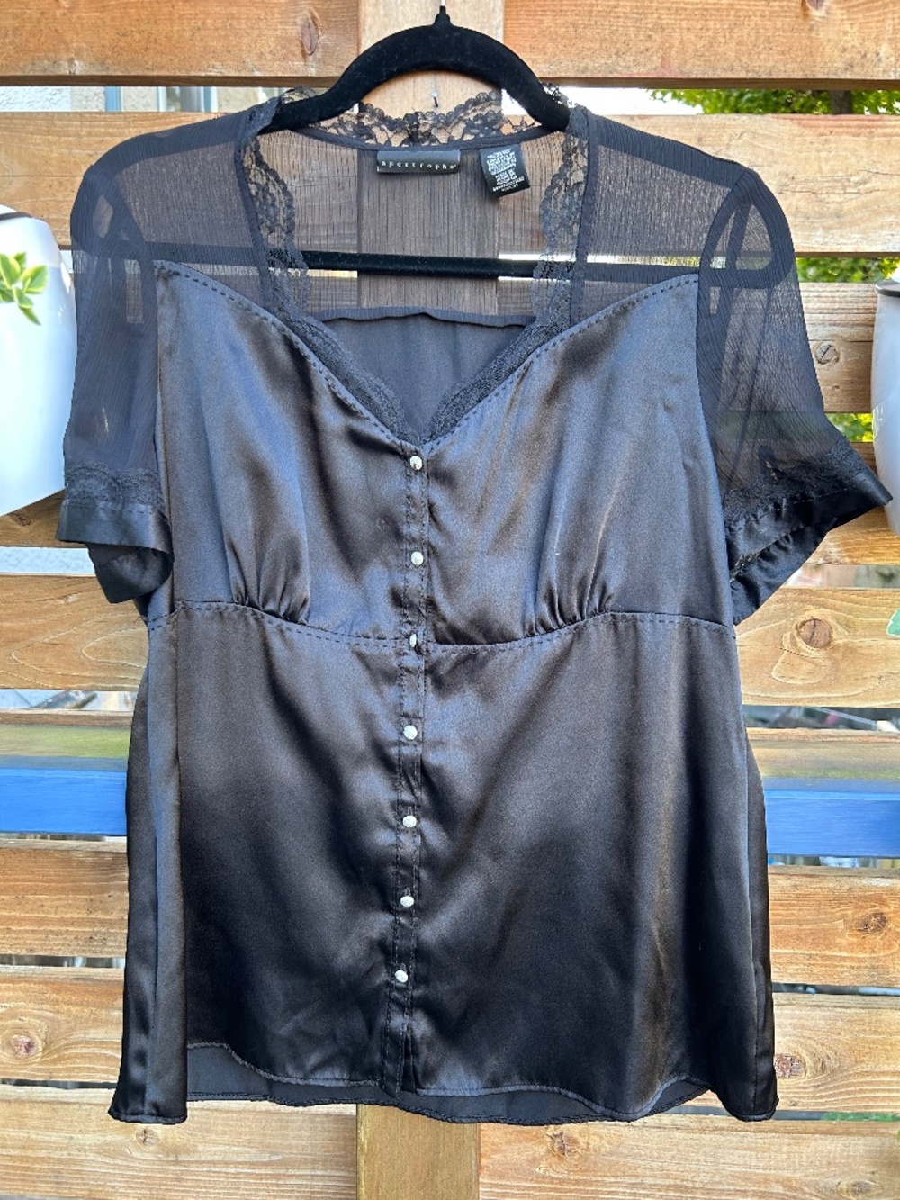 Apostrophe Black Satin Lace Trim Sheer Short Sleeve Blouse Size M